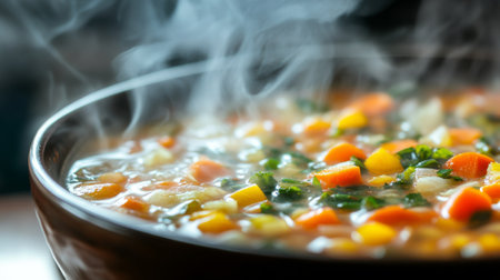 A close-up of a steaming bowl of hot soup with vibrant vegetables, with visible steam rising from the surface, creating a comforting and appetizing sceneの素材