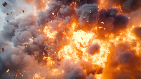 A close-up of a smoke and flame explosion from a demolitions event, with the focus on the intense heat and powerful burst of the blast.の素材