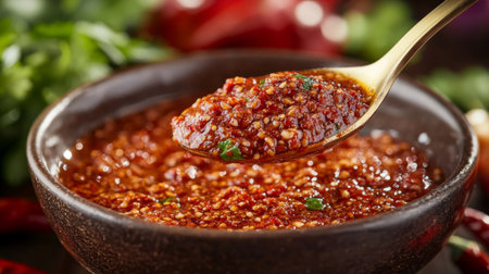 A close-up of a spoonful of spicy being scooped from a bowl, with a focus on the texture and richness of the chili paste against a backdrop of fresh ingredients.の素材