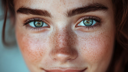A close-up of a young woman face with vibrant, expressive eyes and a subtle makeup look, capturing her unique features and the warmth of her smile.の素材