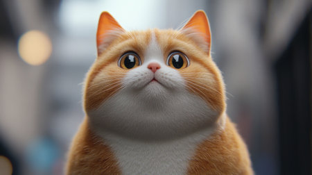 A close-up of an adorably fat cat with a mischievous expression, its round cheeks and small nose adding to its playful and charming appearance.の素材