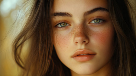 A close-up of a young woman face with a soft, natural look and delicate features, against a blurred, elegant background that complements her serene expression.の素材