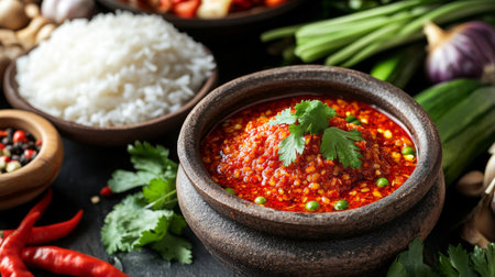 A close-up of a traditional Thai chili paste bowl filled with vibrant red surrounded by fresh herbs, vegetables, and rice, showcasing a flavorful Thai meal.の素材