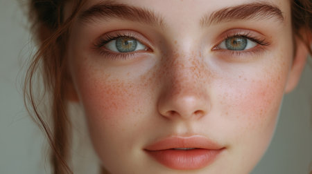 A close-up of a young woman's face with a natural, glowing complexion, featuring soft, expressive eyes and a gentle smile, emphasizing beauty and confidence.の素材