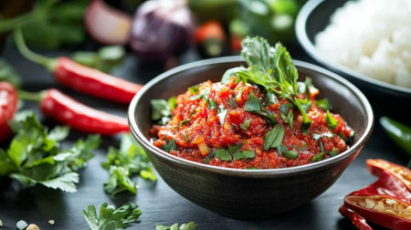 A close-up of a traditional Thai chili paste bowl filled with vibrant red surrounded by fresh herbs, vegetables, and rice, showcasing a flavorful Thai meal.の素材