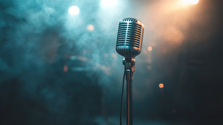 A close-up of a vintage microphone on a stand, with a spotlight highlighting its classic design, evoking a sense of nostalgia and elegance in a music performance.の素材