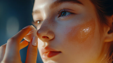 A close-up of a young woman applying skincare or makeup, with a focus on her facial features and the application process, illustrating beauty and self-care.の素材