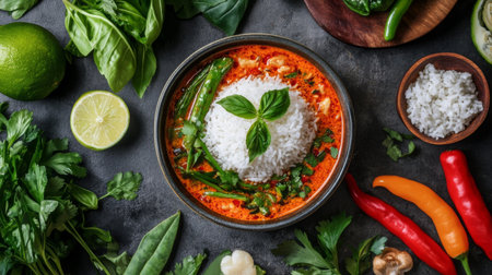 A close-up of a traditional Thai chili paste bowl filled with vibrant red surrounded by fresh herbs, vegetables, and rice, showcasing a flavorful Thai meal.の素材