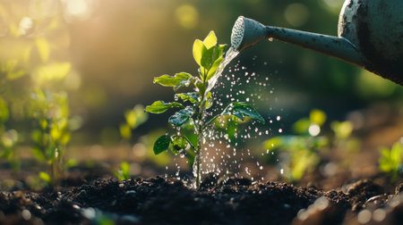 A close-up of a watering can pouring water onto the base of a freshly planted tree, with water droplets sparkling in the sunlight, symbolizing growth and care.の素材