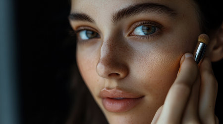 A close-up of a young woman applying skincare or makeup, with a focus on her facial features and the application process, illustrating beauty and self-care.の素材