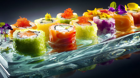 A close-up of colorful sushi rolls floating on a platter filled with water, with vibrant garnishes and reflections adding a unique and artistic touch.の素材