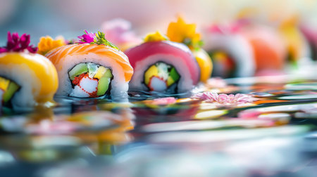 A close-up of colorful sushi rolls floating on a platter filled with water, with vibrant garnishes and reflections adding a unique and artistic touch.の素材