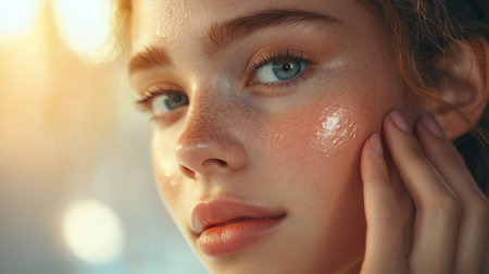 A close-up of a young woman applying skincare or makeup, with a focus on her facial features and the application process, illustrating beauty and self-care.の素材