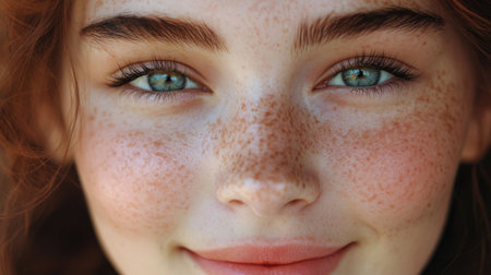 A close-up of a young woman face with vibrant, expressive eyes and a subtle makeup look, capturing her unique features and the warmth of her smile.の素材