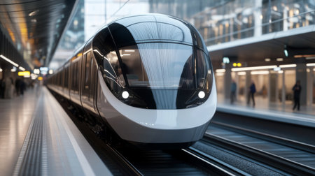 A close-up of an electric train arriving at a modern urban station, with sleek, shiny exterior and passengers waiting on the platform.の素材