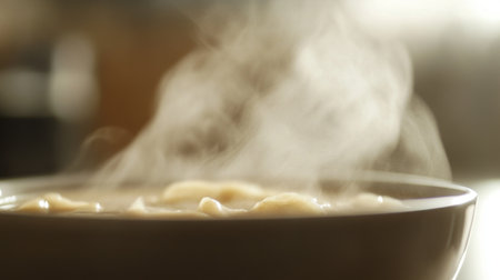 A close-up of steam coming from a bowl of hot soup, with the steam forming delicate patterns against a blurred background, emphasizing the freshness and warmth of the meal.の素材