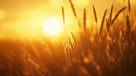 A close-up of the sun setting over a field of tall grass, with the golden light casting long shadows and creating a warm, natural ambiance.の素材
