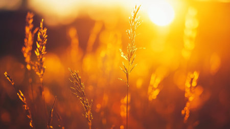 A close-up of the sun setting over a field of tall grass, with the golden light casting long shadows and creating a warm, natural ambiance.の素材