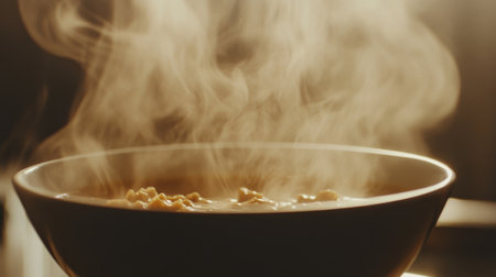 A close-up of steam coming from a bowl of hot soup, with the steam forming delicate patterns against a blurred background, emphasizing the freshness and warmth of the meal.の素材