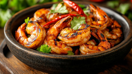 A detailed shot of a bowl of grilled shrimp with a spicy marinade, surrounded by garnishes like cilantro and red chili, emphasizing the flavor and visual appeal.の素材