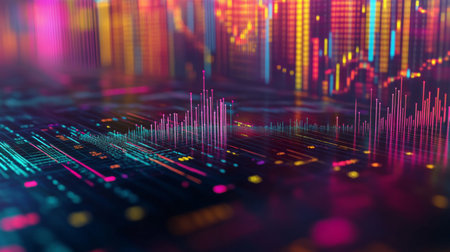 A detailed shot of a 3D surface graph with color gradients and data overlays, depicting complex financial relationships and market trends in an engaging visual format.の素材