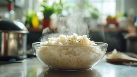 A detailed shot of a bowl of hot rice with steam rising and a few grains sticking to the sides, placed on a kitchen countertop with cooking utensils in the background.の素材