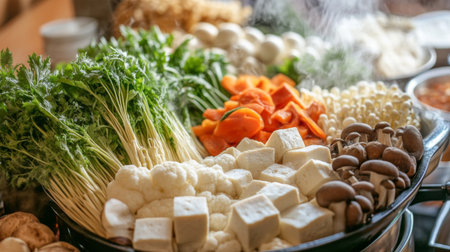 A detailed shot of a shabu-shabu meal with ingredients such as mushrooms, tofu, and vegetables arranged in a visually appealing manner, with steam rising from the hot pot.の素材