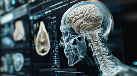 A detailed shot of a 3D medical model on a screen, showcasing anatomical structures and precision in the digital representation of human organs or bones.の素材