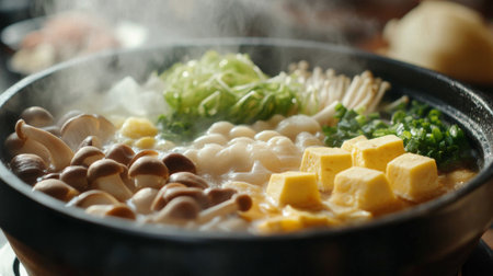 A detailed shot of a shabu-shabu meal with ingredients such as mushrooms, tofu, and vegetables arranged in a visually appealing manner, with steam rising from the hot pot.の素材