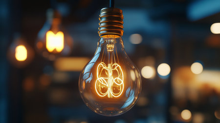 A detailed shot of a light bulb with a decorative filament design, illuminated to show its artistic and unique appearance in a modern interior setting.の素材