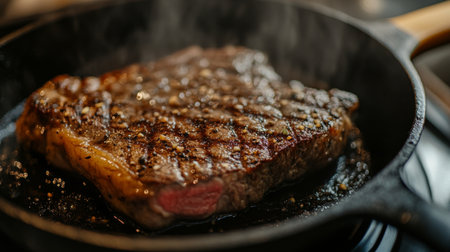A detailed shot of a cast-iron skillet with a perfectly seared steak, showcasing the cooking surface and rich texture of the food, with a wooden handle in focus.の素材
