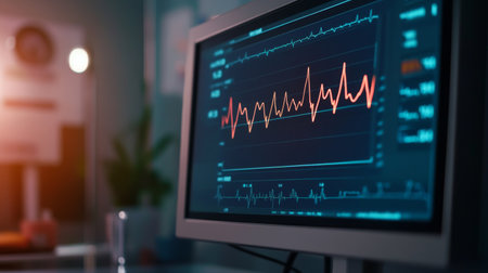A detailed shot of a heart rate monitor screen with a visible heartbeat graph, highlighting the real-time display of heart rhythms in a clinical environment.の素材