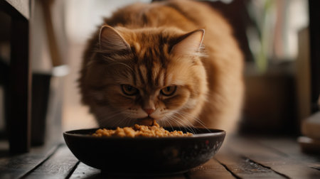 A detailed shot of a chubby cat eating from a bowl of food, with its fluffy cheeks and focused expression, emphasizing its adorable eating habits.の素材