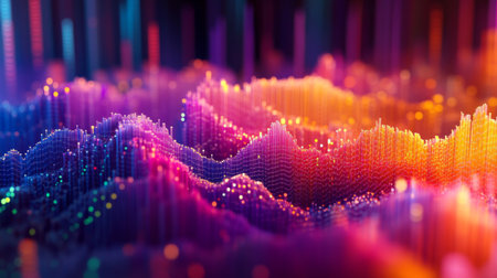 A detailed shot of a 3D heatmap chart with color-coded data points and gradients, representing intensity or frequency across different dimensions.の素材
