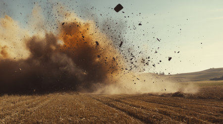 A detailed shot of an explosion shockwave rippling through a field, with debris and dust being propelled outward, showcasing the force and reach of the explosion.の素材