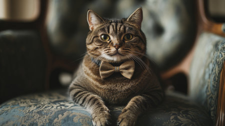 A detailed shot of a chubby cat with a bow tie around its neck, sitting elegantly on a chair, showcasing its charming and adorable appearance.の素材