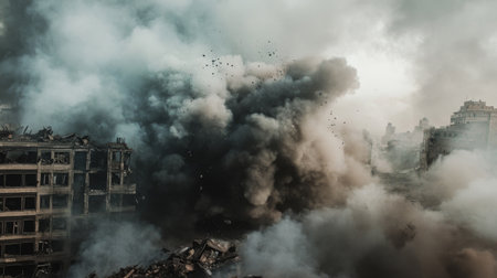 A detailed shot of a smoke-filled explosion in an urban environment, with buildings partially obscured by the thick, dark smoke and debris scattered around.の素材