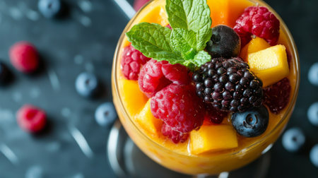 A detailed shot of a glass of vibrant fruit smoothie, topped with fresh berries and a mint sprig, showcasing the colorful and healthy ingredients.の素材