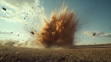 A detailed shot of an explosion shockwave rippling through a field, with debris and dust being propelled outward, showcasing the force and reach of the explosion.の素材