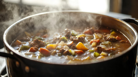 A detailed shot of a large stock pot filled with a hearty stew, with ingredients like vegetables and meat visible, and steam rising from the pot.の素材