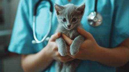 A detailed shot of a veterinarian holding a small dog or kitten, with a warm and reassuring expression, highlighting the compassionate care provided to pets.の素材