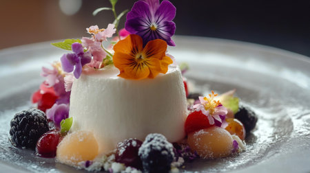 A detailed shot of floating desserts like mousse or panna cotta on a decorative plate, with delicate fruit and edible flowers enhancing the presentation.の素材