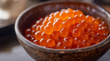 A detailed shot of salmon roe (ikura) in a small bowl, with the bright orange pearls glistening, emphasizing the luxurious and flavorful aspect of the ingredient.の素材