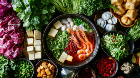 A detailed shot of a shabu-shabu setup, with various ingredients like tofu, leafy greens, and seafood arranged around a hot pot, emphasizing the vibrant colors and textures.の素材