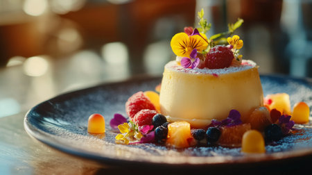 A detailed shot of floating desserts like mousse or panna cotta on a decorative plate, with delicate fruit and edible flowers enhancing the presentation.の素材