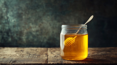 A detailed shot of honey in a clear glass jar with a spoon resting inside, set against a rustic wooden table, emphasizing the natural, wholesome quality of the honey.の素材