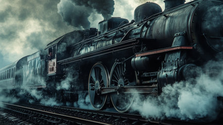 A dramatic shot of steam billowing out of a train locomotive, with the powerful engine and vintage design adding to the historical and industrial ambiance.の素材