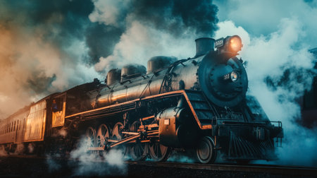 A dramatic shot of steam billowing out of a train locomotive, with the powerful engine and vintage design adding to the historical and industrial ambiance.の素材