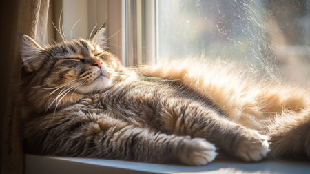 A fluffy, overweight cat stretching out on a sunlit windowsill, its thick fur and plump body catching the warm light, radiating a sense of relaxation.の素材