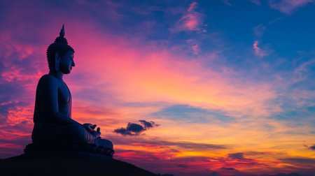 A dramatic silhouette of a Buddha statue against a vibrant sunset sky, with the serene and meditative pose highlighted by the colorful backdrop.の素材